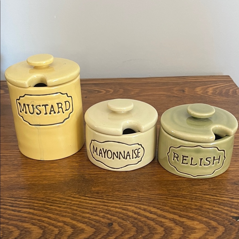 Pottery Barn Ceramic Condiment Jars Set - Mustard, Mayonnaise, Relish